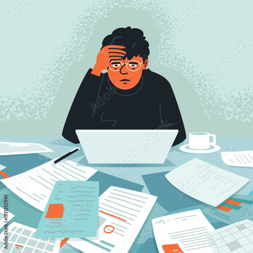 Burned Out Employee Working Late on Laptop Feeling Exhausted and Overwhelmed