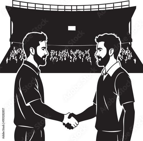 Sportsmanship: two athletes shaking hands in front of large stadium, symbolizing respect and fair competition.