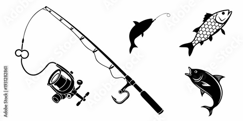 A fishing rod with a reel and three different types of fish swimming around it.