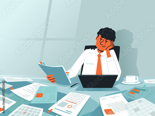 Stressed Businessman Working Late with Documents and Laptop at Office Desk