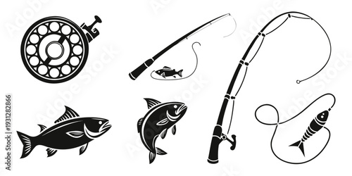 Assorted fishing equipment and fish illustrations in black and white