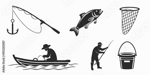 A variety of fishing equipment and activities displayed in a single image