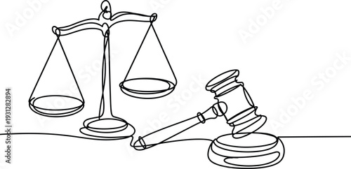 Justice balance scale and gavel continuous line courtroom fairness flat vector