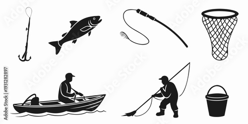 Illustrations of various fishing techniques and equipment in black and white