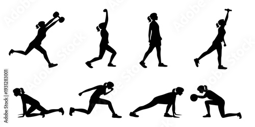 A sequence of black silhouettes demonstrating various exercise movements