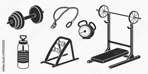 A variety of exercise equipment including weights, a jump rope, and a treadmill