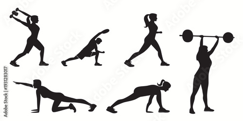 A variety of exercises performed by individuals in silhouette form