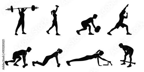 A series of silhouettes demonstrating various exercises and stretches