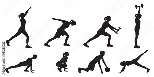 Diverse silhouettes of people performing various exercise routines and stretches