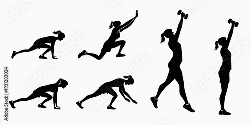 Silhouetted figures demonstrating various exercises and stretches in a sequence