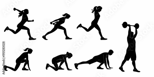 A sequence of silhouettes demonstrating various exercises and movements.