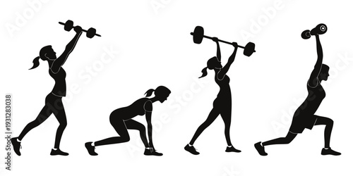 Four women performing different weightlifting exercises in a gym setting