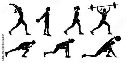 A series of black silhouettes depicting various exercises and activities.