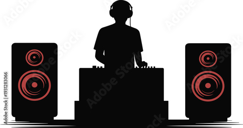 DJ silhouette playing music on turntable with speakers, nightlife party event performance, electronic music club dance vector