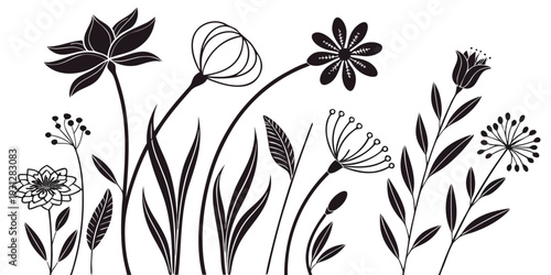 A delightful assortment of black and white flowers in a whimsical arrangement