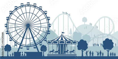 Amusement Park Fun - Ferris Wheel, Carousel, and Roller Coaster Silhouettes.