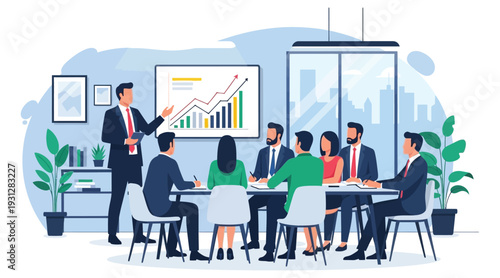 Business professionals in a meeting with a presenter discussing data on a graph