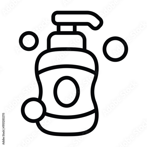 Minimal line illustration of shampoo bottle symbolizing hair care and personal hygiene routine. Simple monochrome design suitable for wellness themes.