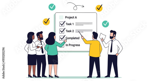 Business team collaborating on a checklist on a whiteboard with verification marks