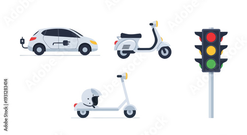 Collection of Electric Car Scooter Moped and Traffic Light Icons.