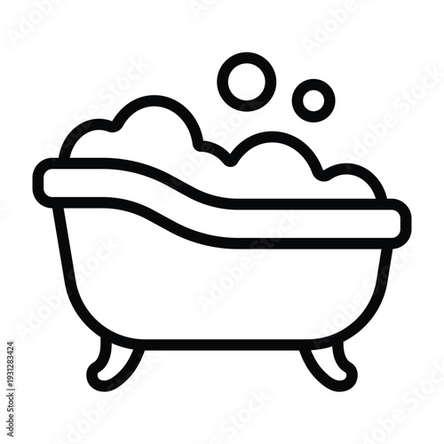 Minimal line illustration of bathtub filled with bubbles representing relaxation and hygiene. Clean monochrome style ideal for wellness and home interior themes.
