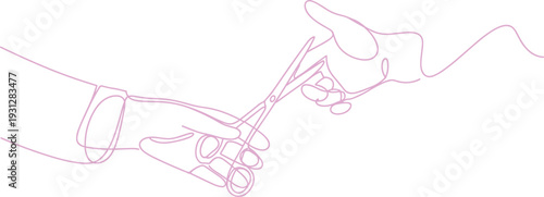 Minimalist hands passing scissors line drawing, continuous gesture art flat vector