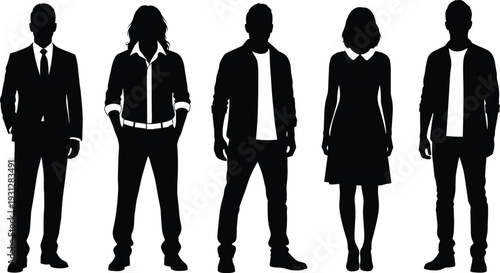 Diverse business people silhouettes men and women in suits vest shirt dress jacket standing together professional team vector illustration isolated on white