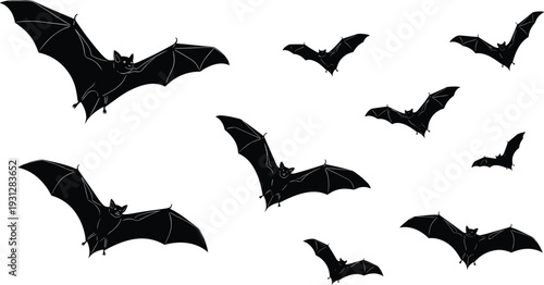 Halloween bat silhouette vector set with spooky flying nocturnal animal icons for holiday party decor cad drawing flat vector illustration,