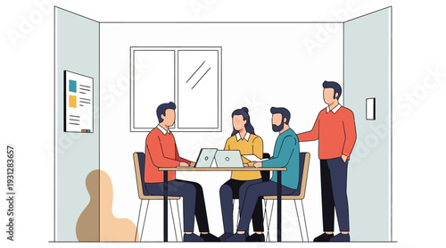 Three people discussing and working together in a small meeting room with a fourth person entering