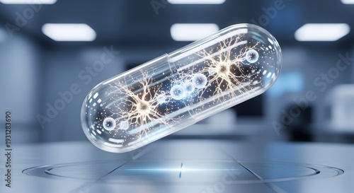 Futuristic Glass Capsule with Glowing Neurons and Neural Networks