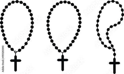 Set of black silhouette rosary beads with holy cross, religious prayer necklace elements for spiritual design