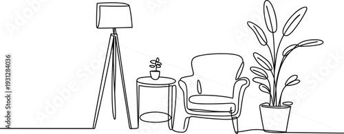 Cozy living room armchair line drawing, side table plant flat vector