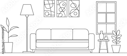Modern living room sofa line drawing, window side table flat vector