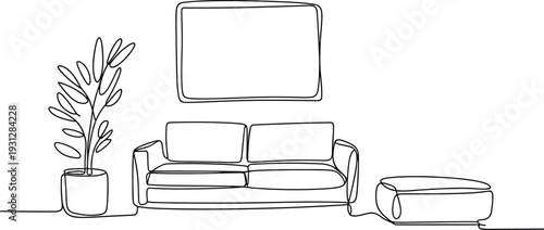 Minimalist living room sofa line drawing, ottoman wall frame flat vector