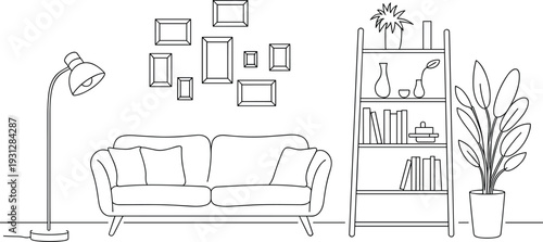 Modern living room sofa line drawing, ladder bookshelf decor flat vector