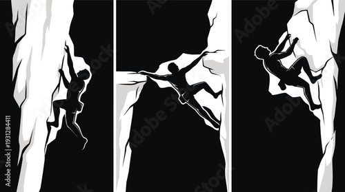 Silhouettes of rock climbers scaling steep vertical rock faces in a three-panel composition. Vector