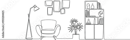 Modern living room interior line art, cozy furniture decor flat vector