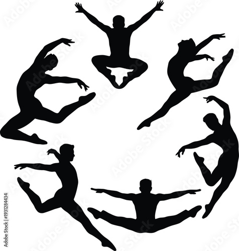 Silhouettes of diverse people in dancing and acrobatic poses arranged in a circle Vector