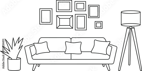 Minimalist living room sofa line art, gallery wall decor flat vector