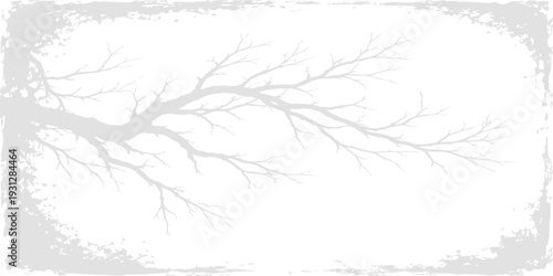 An abstract black and white vector illustration of a winter tree with bare branches against a snowy forest landscape sky in a minimalist nature sketch style
