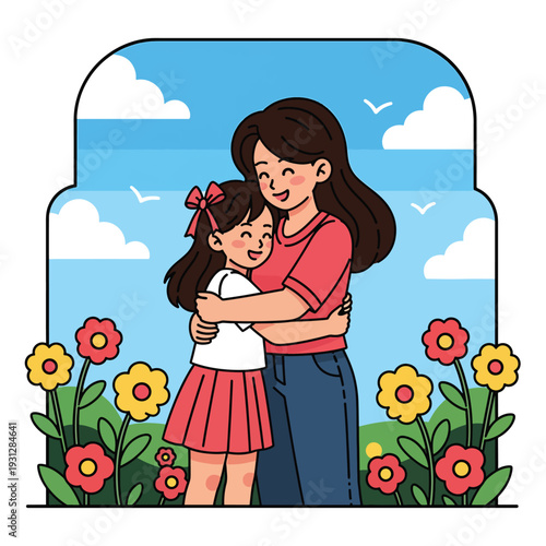 A heartwarming illustration of a mother and daughter embracing amidst a field of blooming flowers under a bright sky, celebrating love and family bonds