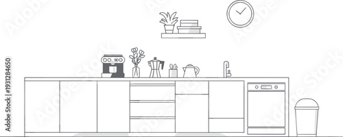 Modern kitchen with cabinets, sink, coffee machine, shelf, clock flat vector