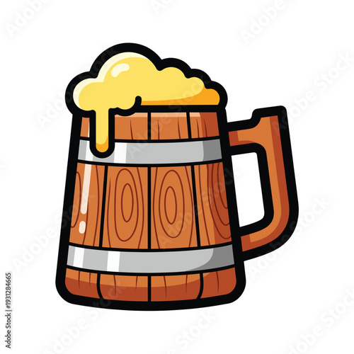 Foamy beer mug illustration with wooden texture and overflowing drink for pub or bar concept