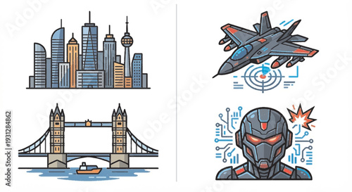 Set of 4 isolated flat vector icons, modern metropolitan city skyline, bridge architecture, futuristic military combat drone, and artificial intelligence warfare robot head