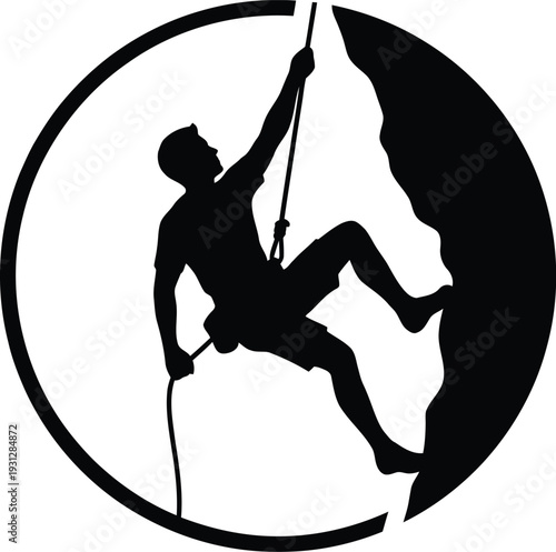 Black and white circular logo featuring a silhouette of a person rock climbing up a steep cliff face. Vector