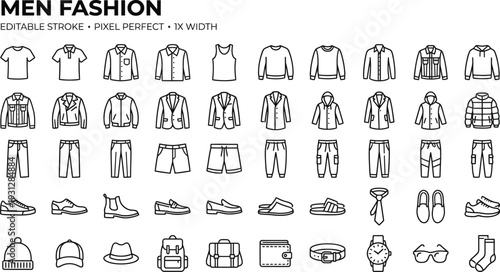 Comprehensive collection of men's fashion and clothing line icons for web and mobile design Vector