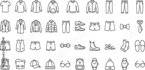 Vector set of men's clothing and accessories icons including shirts, pants, shoes, and bags
