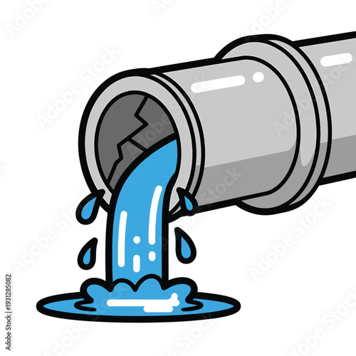 Pipe leaking water with liquid spilling out from a cracked section, illustrating a damaged pipeline, pipe leakage, water loss, and fluid escape in a simple graphic style