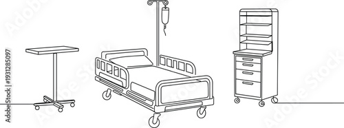 Hospital bed with IV pole, medical cabinet, overbed table flat vector