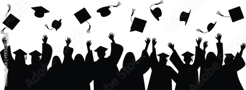 Large group of student silhouettes throwing graduation caps in the air, celebration and academic success concept